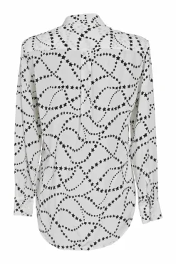 Black two-tone silk star print spread collar button-front shirt with cargo chest patch pockets
