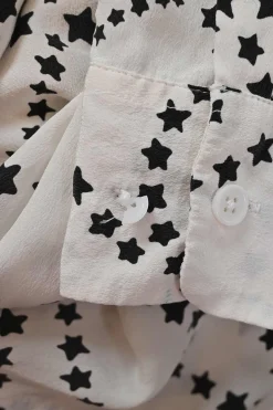 Black two-tone silk star print spread collar button-front shirt with cargo chest patch pockets