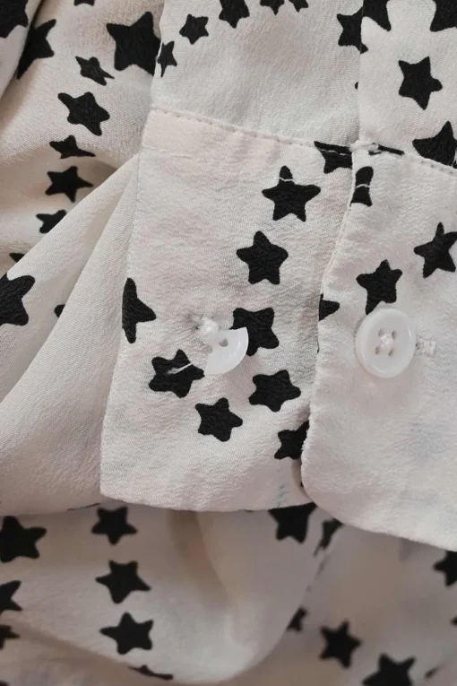 Black two-tone silk star print spread collar button-front shirt with cargo chest patch pockets