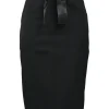 Black virgin wool-blend pull-on tie-waist pencil skirt