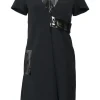 Black viscose crêpe wrap-front V-neck short sleeve wrap dress with tonal PVC appliqué