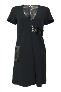 Black viscose crêpe wrap-front V-neck short sleeve wrap dress with tonal PVC appliqué