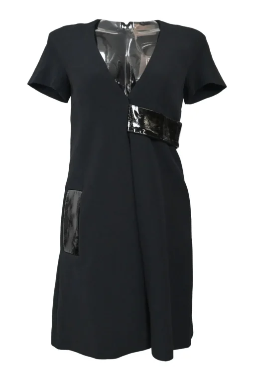 Black viscose crêpe wrap-front V-neck short sleeve wrap dress with tonal PVC appliqué