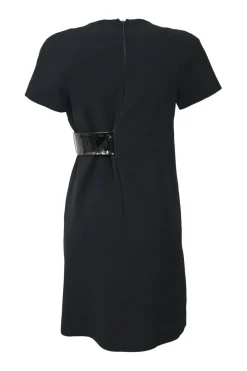 Black viscose crêpe wrap-front V-neck short sleeve wrap dress with tonal PVC appliqué