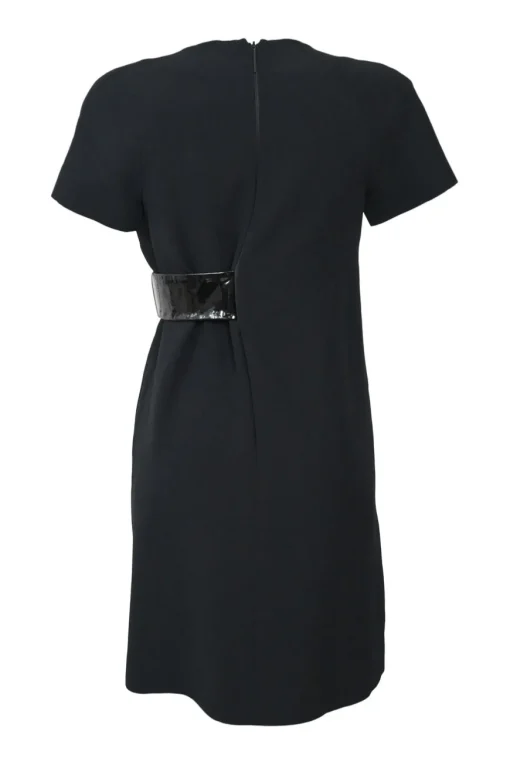 Black viscose crêpe wrap-front V-neck short sleeve wrap dress with tonal PVC appliqué