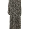 Black viscose ditsy floral print Lizete drop-waist midi dress with blouson sleeves and handkerchief skirt