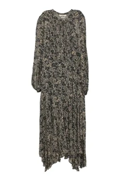 Black viscose ditsy floral print Lizete drop-waist midi dress with blouson sleeves and handkerchief skirt