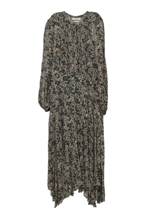 Black viscose ditsy floral print Lizete drop-waist midi dress with blouson sleeves and handkerchief skirt