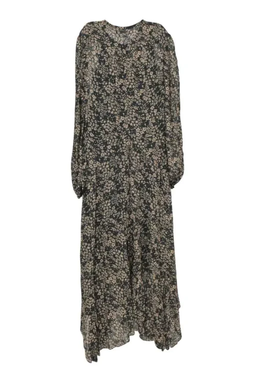 Black viscose ditsy floral print Lizete drop-waist midi dress with blouson sleeves and handkerchief skirt