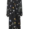 Black viscose floral print georgette plunge neck robe-style midi shirt dress