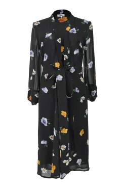 Black viscose floral print georgette plunge neck robe-style midi shirt dress