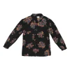 Black viscose floral print raglan sleeve button-front blouse with classic collar