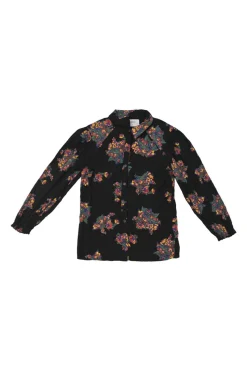 Black viscose floral print raglan sleeve button-front blouse with classic collar