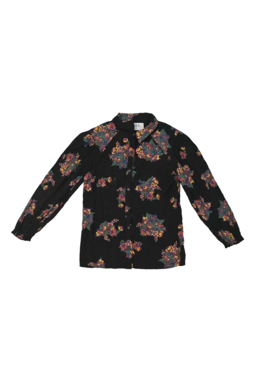 Black viscose floral print raglan sleeve button-front blouse with classic collar
