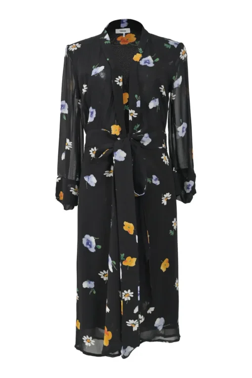 Black viscose floral print georgette plunge neck robe-style midi shirt dress