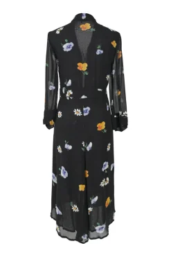 Black viscose floral print georgette plunge neck robe-style midi shirt dress