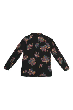 Black viscose floral print raglan sleeve button-front blouse with classic collar