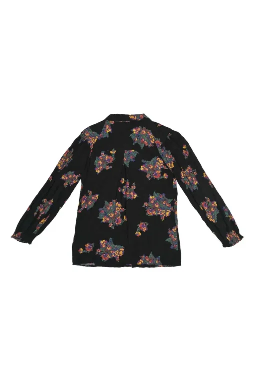 Black viscose floral print raglan sleeve button-front blouse with classic collar