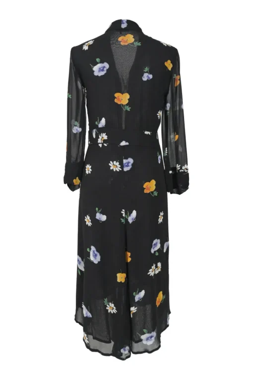 Black viscose floral print georgette plunge neck robe-style midi shirt dress