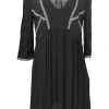 Black viscose plunge neck empire-waist mini dress with three-quarter length sleeves and gathered skirt