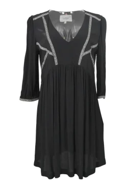 Black viscose plunge neck empire-waist mini dress with three-quarter length sleeves and gathered skirt