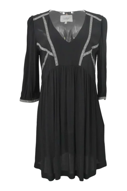 Black viscose plunge neck empire-waist mini dress with three-quarter length sleeves and gathered skirt