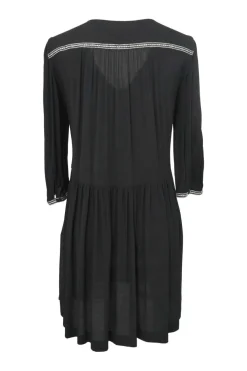 Black viscose plunge neck empire-waist mini dress with three-quarter length sleeves and gathered skirt