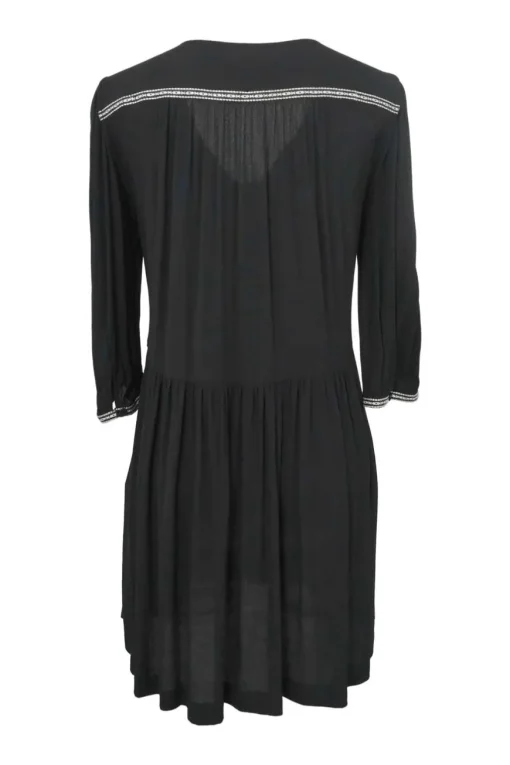 Black viscose plunge neck empire-waist mini dress with three-quarter length sleeves and gathered skirt