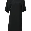 Black viscose split neck half-sleeve shift dress with built-in silver-tone metallic choker