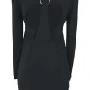 Black viscose-blend bateau neck open-back long sleeve mini dress