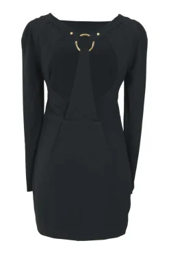 Black viscose-blend bateau neck open-back long sleeve mini dress