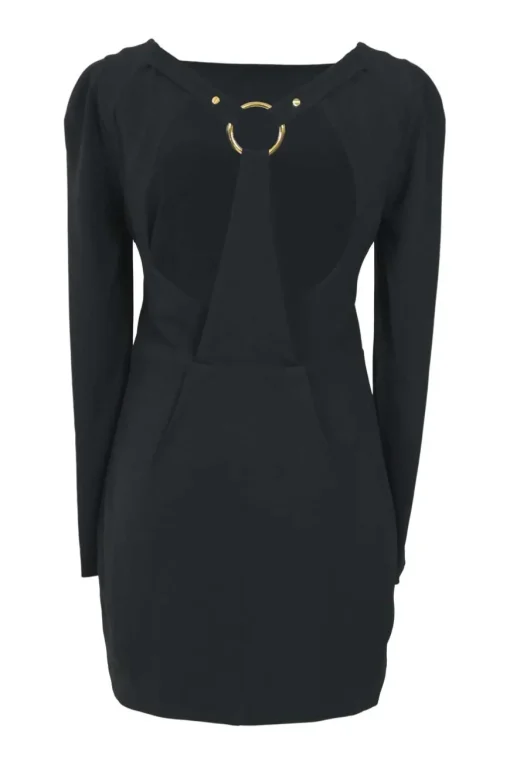 Black viscose-blend bateau neck open-back long sleeve mini dress