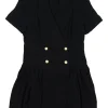 Black viscose-blend bouclé tweed double breasted peak lapel short sleeve coat dress