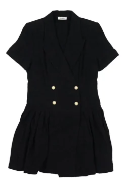 Black viscose-blend bouclé tweed double breasted peak lapel short sleeve coat dress