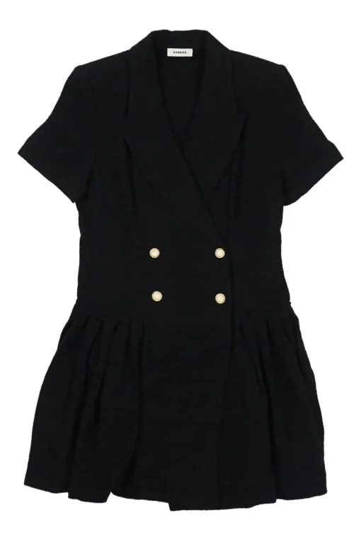 Black viscose-blend bouclé tweed double breasted peak lapel short sleeve coat dress