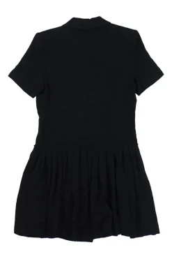 Black viscose-blend bouclé tweed double breasted peak lapel short sleeve coat dress