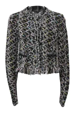 Black viscose-blend fantasy bouclé knit fringe cardigan jacket