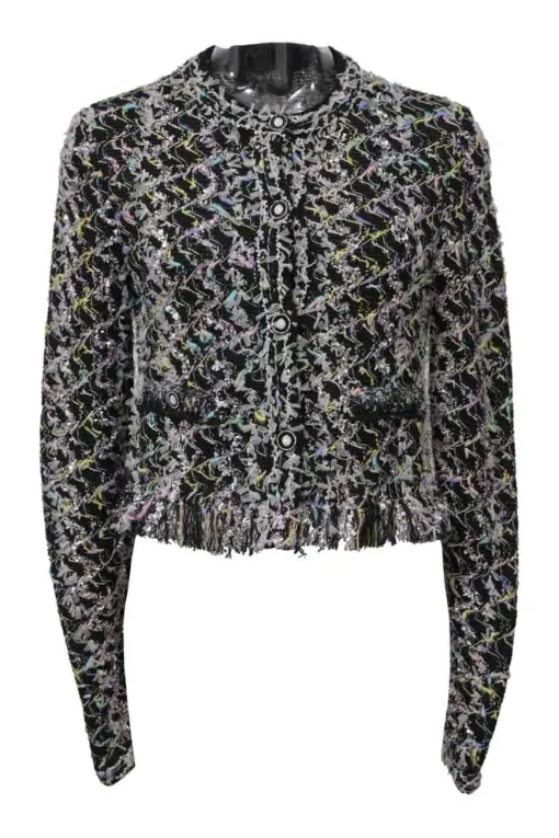 Black viscose-blend fantasy bouclé knit fringe cardigan jacket