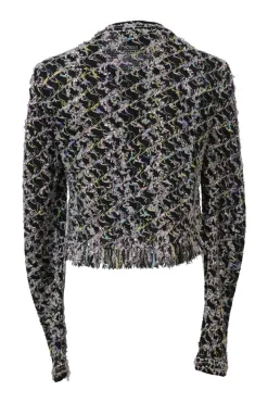 Black viscose-blend fantasy bouclé knit fringe cardigan jacket