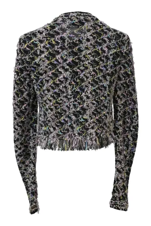 Black viscose-blend fantasy bouclé knit fringe cardigan jacket