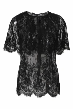 Black viscose-blend floral eyelash lace capelet blouse