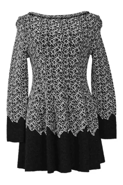 Black viscose-blend floral jacquard knit bateau neck bell sleeve skater knit dress