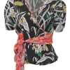 Black viscose-blend floral print tie-waist puff sleeve wrap blouse