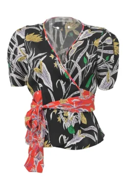 Black viscose-blend floral print tie-waist puff sleeve wrap blouse