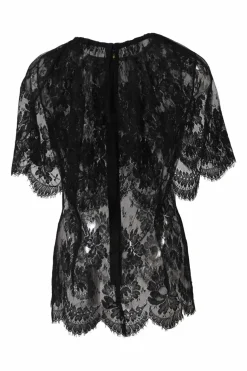 Black viscose-blend floral eyelash lace capelet blouse