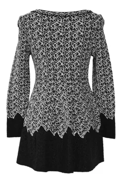 Black viscose-blend floral jacquard knit bateau neck bell sleeve skater knit dress