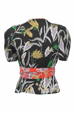 Black viscose-blend floral print tie-waist puff sleeve wrap blouse