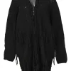 Black viscose-blend fringe crochet knit open-front Western cocoon cardigan