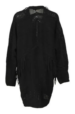 Black viscose-blend fringe crochet knit open-front Western cocoon cardigan