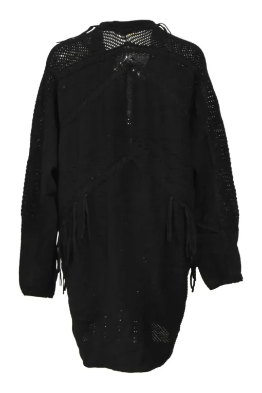 Black viscose-blend fringe crochet knit open-front Western cocoon cardigan